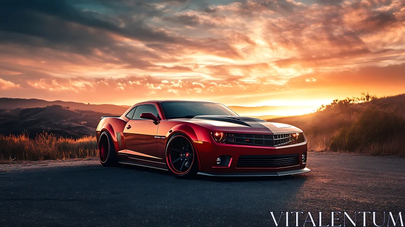 Sunset cruise with a fiery red muscle car on open road.