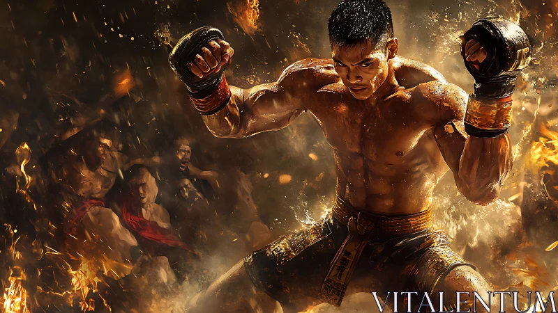 Muay Thai fighter posed amid flames in dynamic action scene.