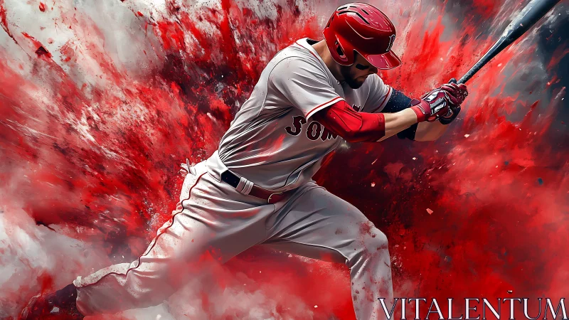 Baseball batter in red uniform with abstract red splash background.