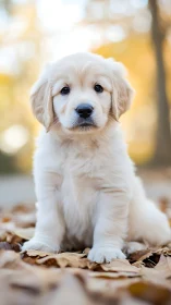 Golden retriever puppy sitting on dry autumn leaves outdoors.