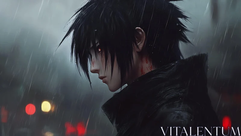 Profile view of dark-haired figure in rain-soaked city street.