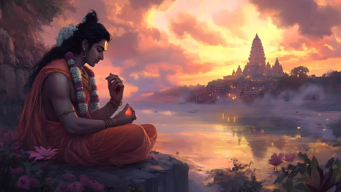 Meditating sage by river facing luminous temple dusk