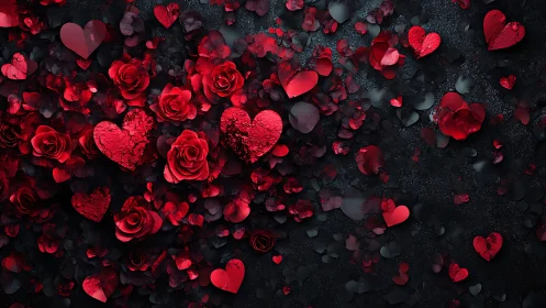 Red roses and heart shapes arranged on dark textured background.