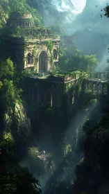 Overgrown neoclassical cliffside temple amid misted jungle gorge