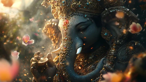 Ornate Ganesha sculpture glows amid drifting petals and light