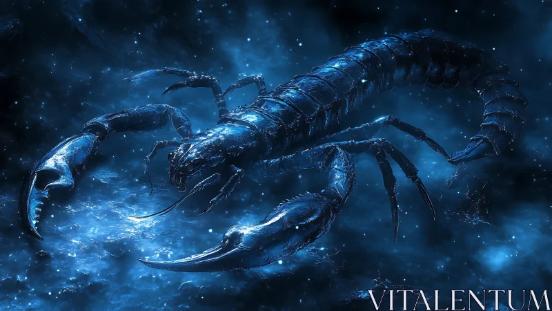 Luminescent scorpion form in deep blue cosmic environment.