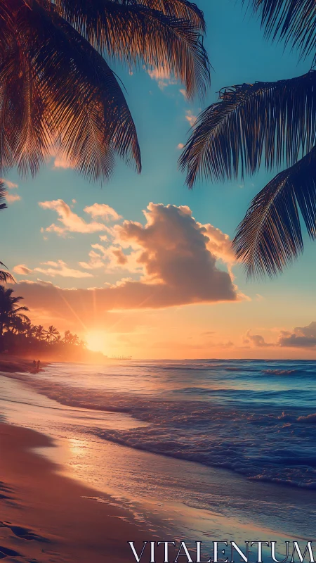 Tropical shoreline sunset rendered in saturated digital hues