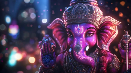 Radiant pink Ganesha statue glowing in festival night light.