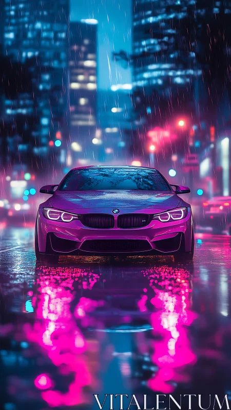 Sports car stands on wet city street under neon rain