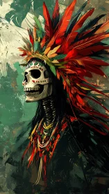 Skeleton shaman in feathered headdress on green backdrop.