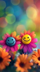 Two smiling flower faces with colorful petals in soft focus garden