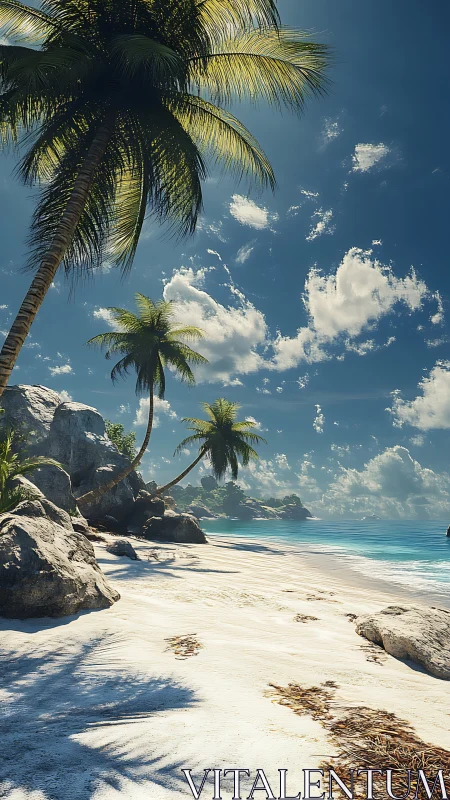 Tropical Beach Composition: Palm Trees, White Sand, Turquoise Waters, Clear Sky