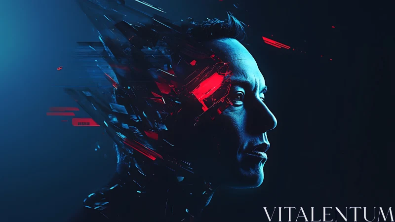 Human mind meets digital shards in glowing neon portrait.