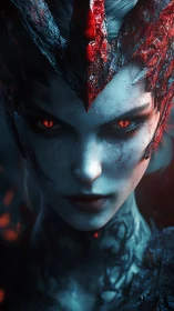 Demonic queen ghosted by ember-lit crown and searing gaze.