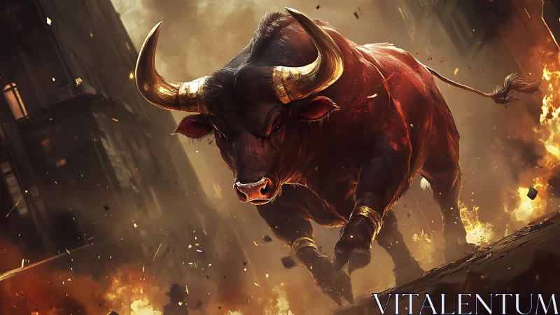 Large horned bull charging through burning urban street scene.