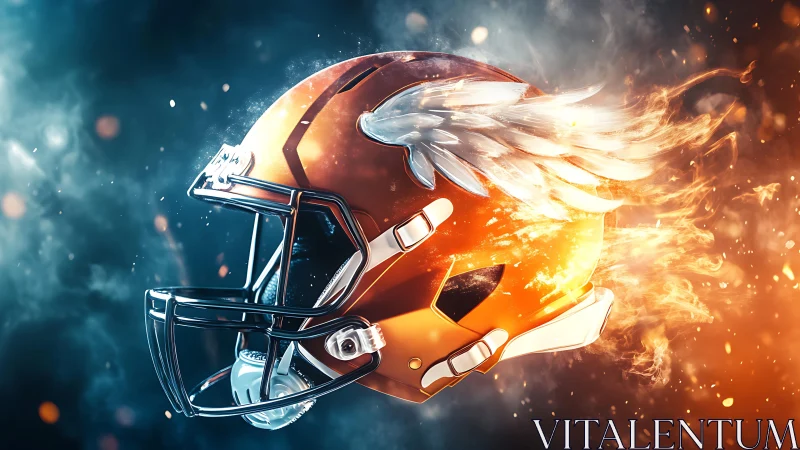 Winged blaze football helmet racing through cosmic firestorm.
