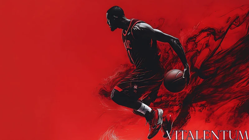 Dynamic basketball player surges forward through red motion haze