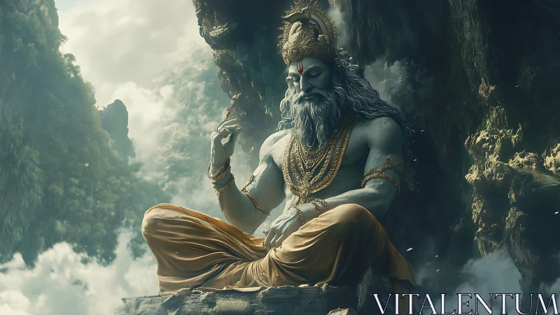 Peaceful mountain sage in golden robes resting in deep calm.