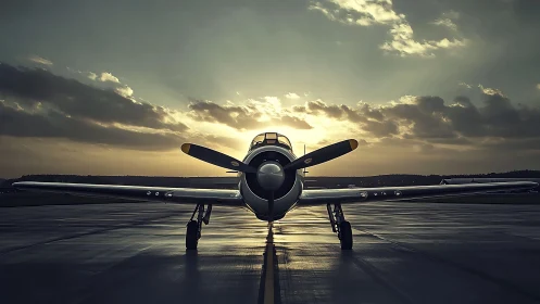 Vintage propeller aircraft on wet runway at sunset