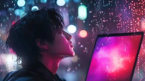 Person beside glowing screen under rain in neon cityscape.