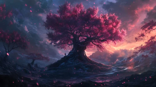 Vast pink tree dominates stormy fantasy landscape at dusk