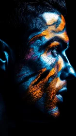 Neon warrior profile blazing with electric tribal streaks.