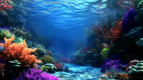 Neon coral boulevard shimmers beneath a glassy blue sea.