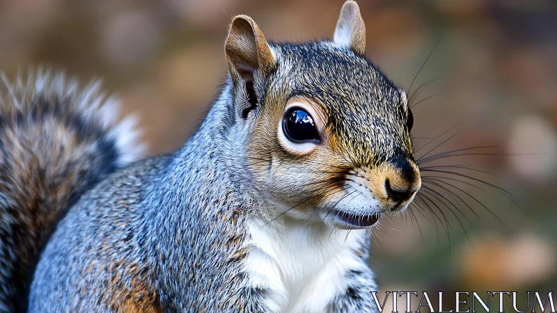 Curious grey squirrel gazes alertly into a soft autumn blur.