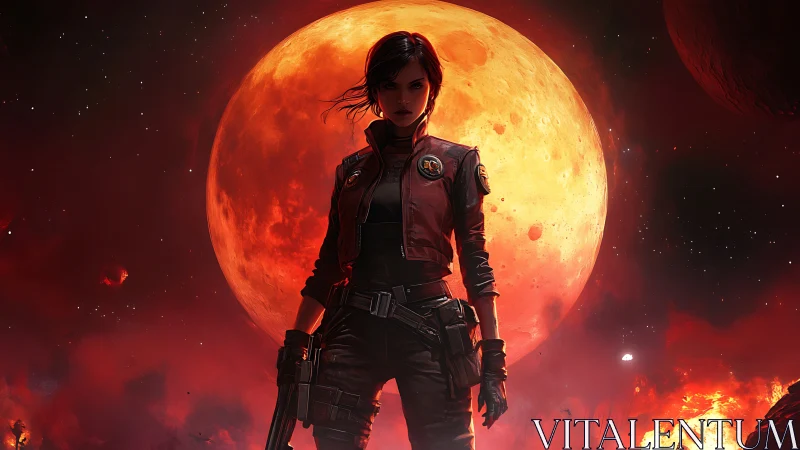 Cinematic sci fi heroine before blazing crimson moon backdrop.