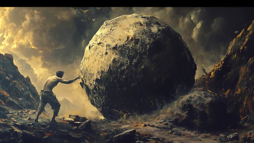 Mythic struggler heaves a mountain-boulder through stormtorn dusk.