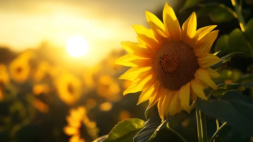 Sunflower stands in sharp focus against bright sunset light