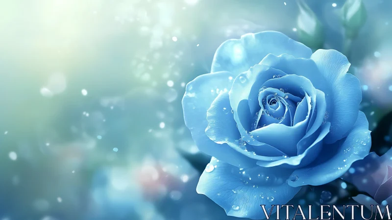 Blue rose with water droplets on blurred background.