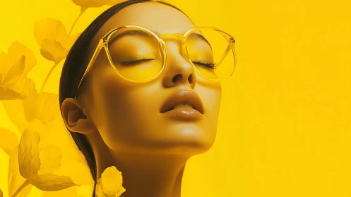 Radiant woman in yellow glasses savors a sunlit daydream