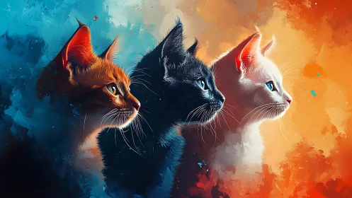 Three Cats Against Contrasting Warm and Cool Backgrounds.