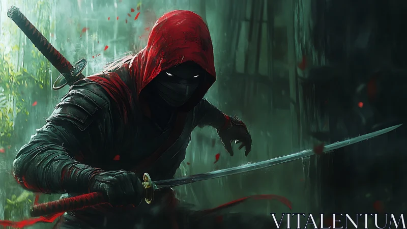 Hooded ninja with drawn katana in dark misty forest.