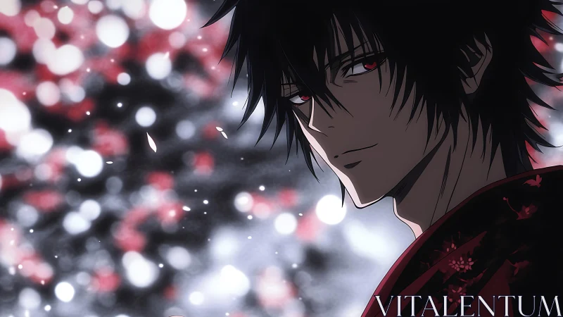 Red-eyed anime antihero in petal-lit bokeh night scene.