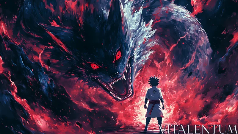 Warrior confronts colossal flaming beast in swirling chaos