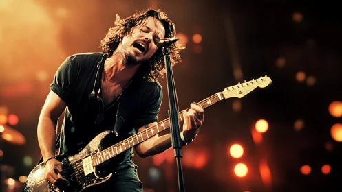 Guitar shreds ignite a molten halo of stage lights