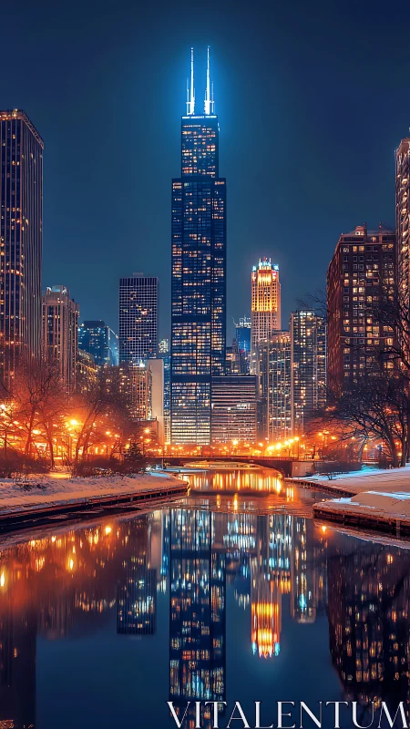 Winter city skyline reflected in calm urban river.