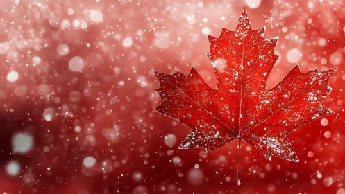 Sparkling maple leaf drifting through rosy winter dream.