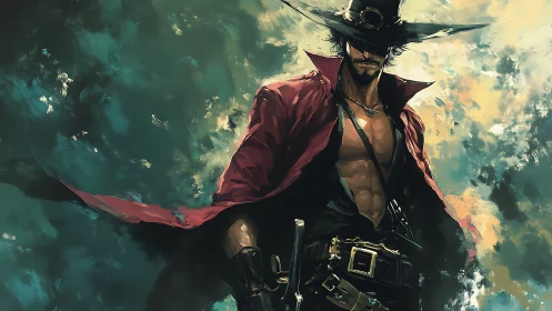 Gun-slinging dark wanderer in windswept digital painting.