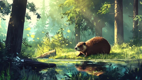 Beaver by a Sunlit Forest Stream, Vibrant Digital Painting.