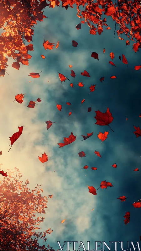 Vertical autumn leaf vortex with cinematic sky contrast.