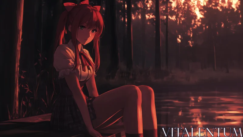 Forest-lake sunset girl wrapped in ember-tinted stillness.