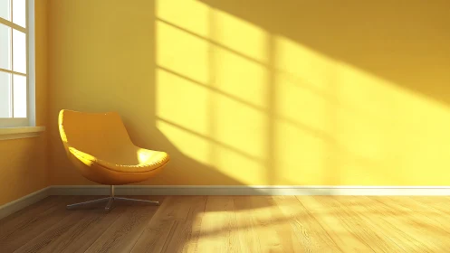 Illuminated yellow lounge corner with angular window shadows.