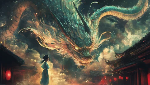 Mythic sky dragon confronting lone child over lantern city.