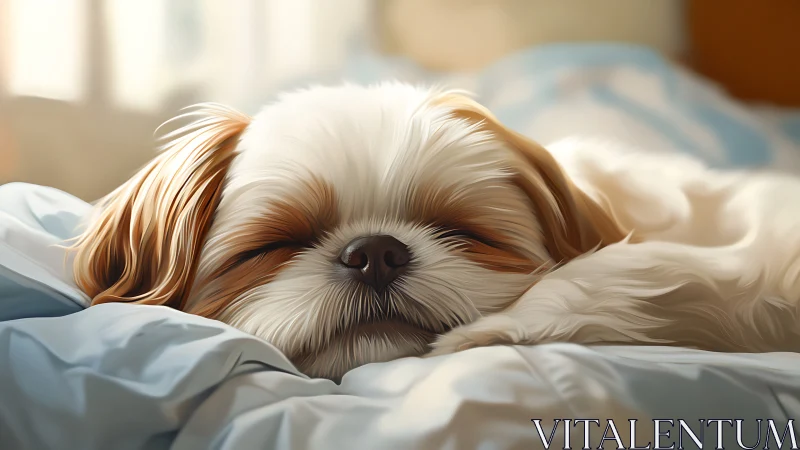 Sunlit puppy dreams curled in a cloud of crumpled sheets.