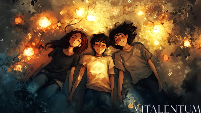 Three youths lying under scattered warm lights on ground.