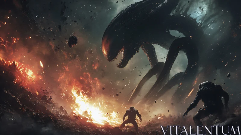 Colossal alien titan looms over brave soldiers in burning ash