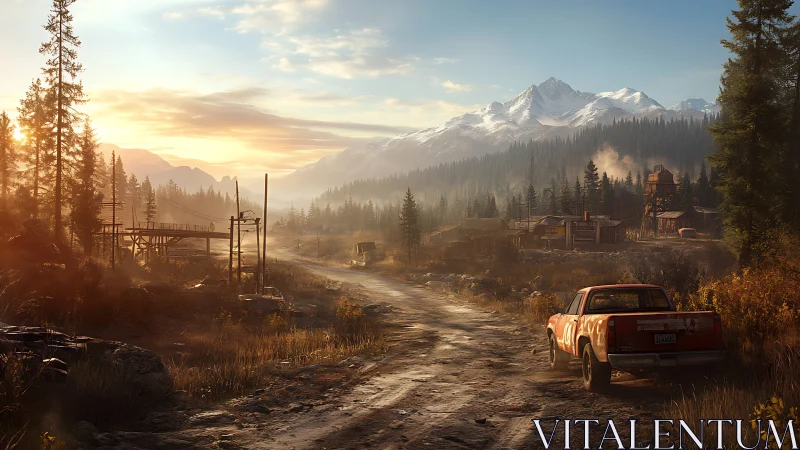 Rustic pickup on muddy logging road at alpine sunrise